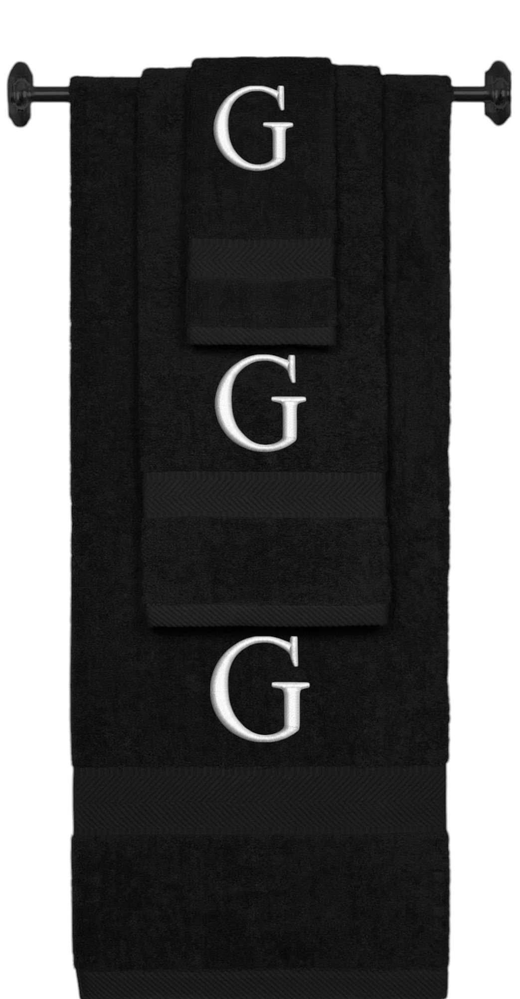 Custom Embroidered Terry Cotton Ring Spun Bath Towel, Hand Towel And Washcloth Set - Black Towel Set, Silver Times New Roman Initial G