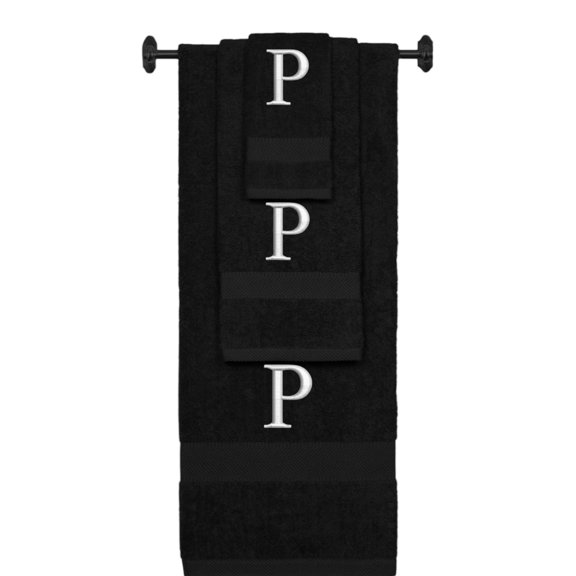 Custom Embroidered Terry Cotton Ring Spun Bath Towel, Hand Towel And Washcloth Set - Black Towel Set, Silver Times New Roman Initial P