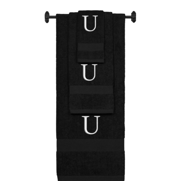 Custom Embroidered Terry Cotton Ring Spun Bath Towel, Hand Towel And Washcloth Set - Black Towel Set, Silver Times New Roman Initial U
