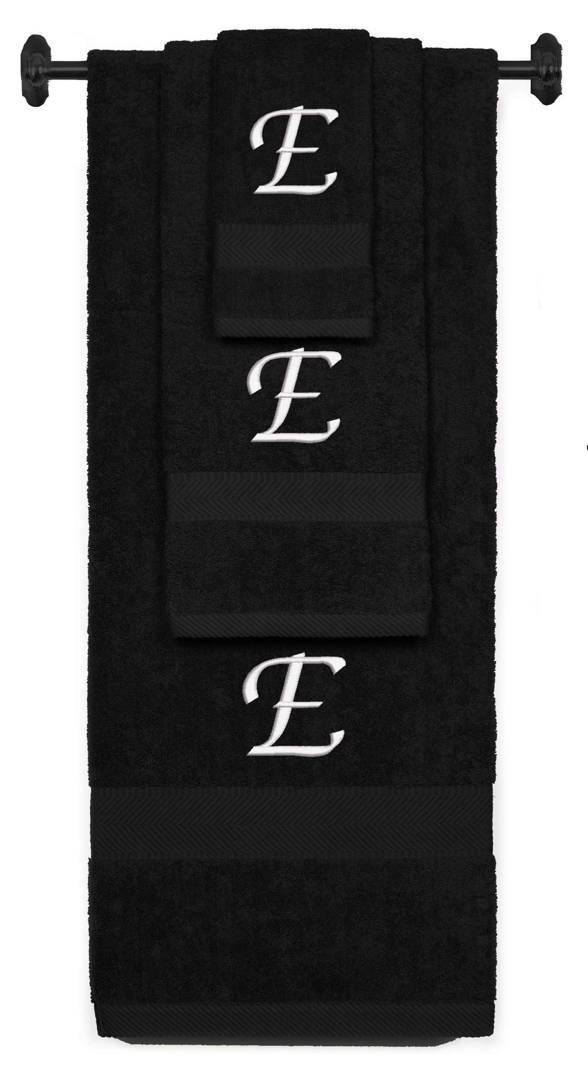 Custom Embroidered Terry Cotton Ring Spun Bath Towel, Hand Towel And Washcloth Set - Black Towel Set, White Chancery Initial E