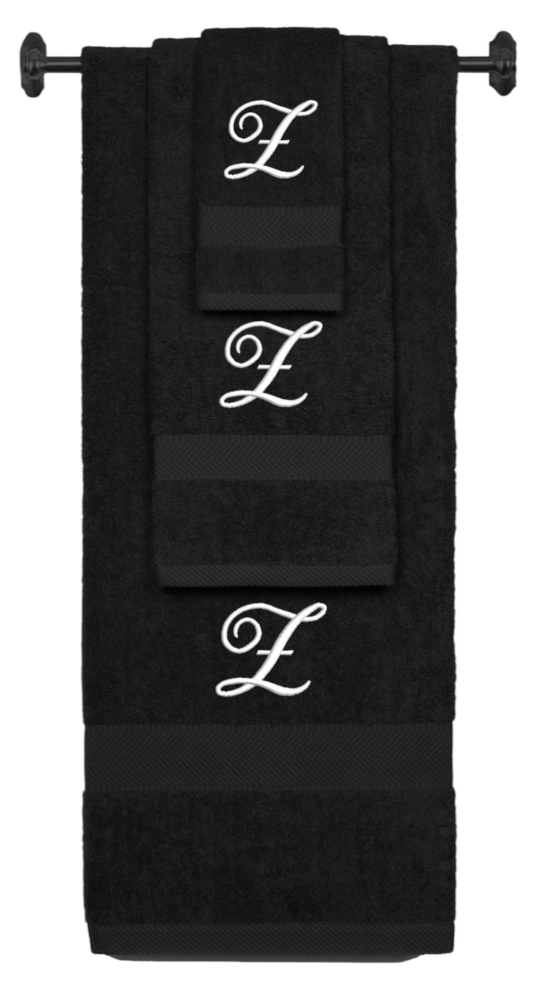 Personalized Embroidered Terry Cotton Ring Spun Bath Towel, Hand Towel And Washcloth Set - Black Towel Set, White Fancy Script Initial Z