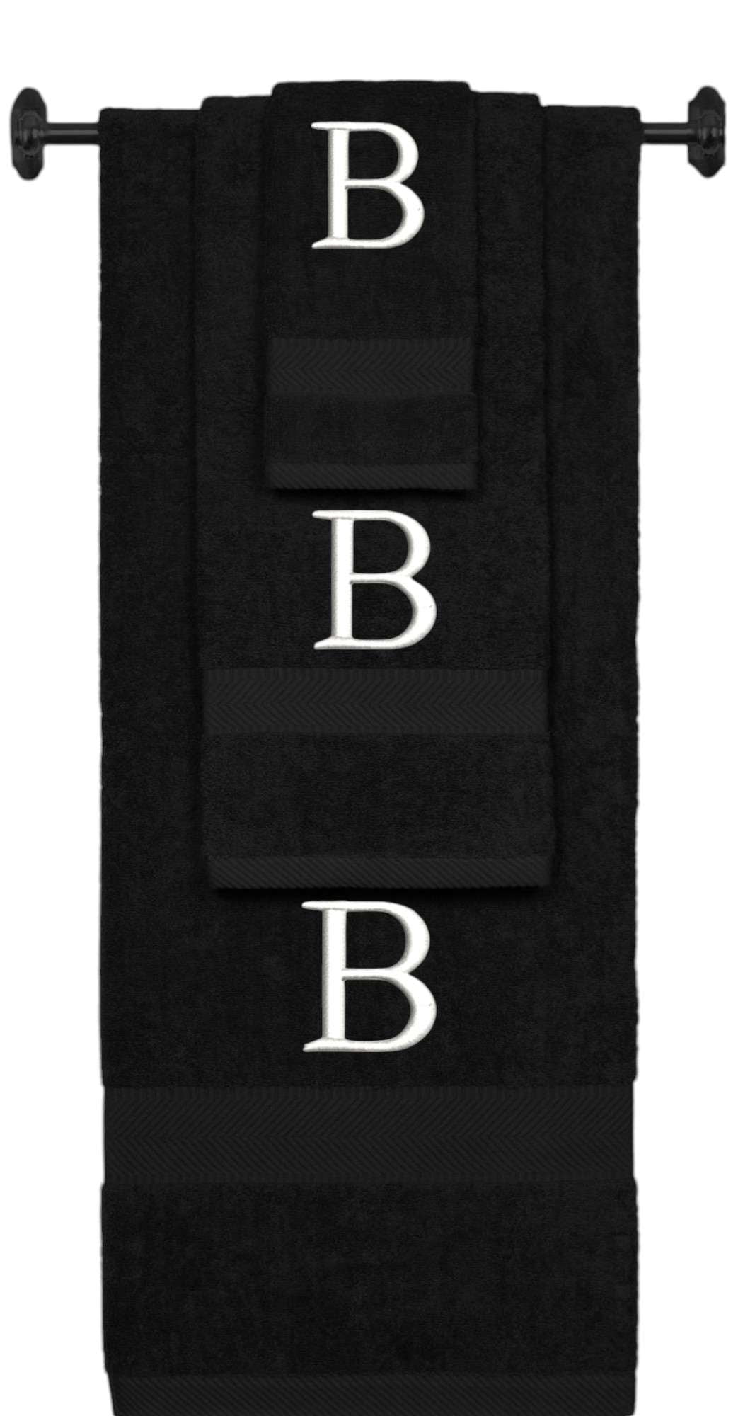 Custom Embroidered Terry Cotton Ring Spun Bath Towel, Hand Towel And Washcloth Set - Black Towel Set, White Times New Roman Initial B