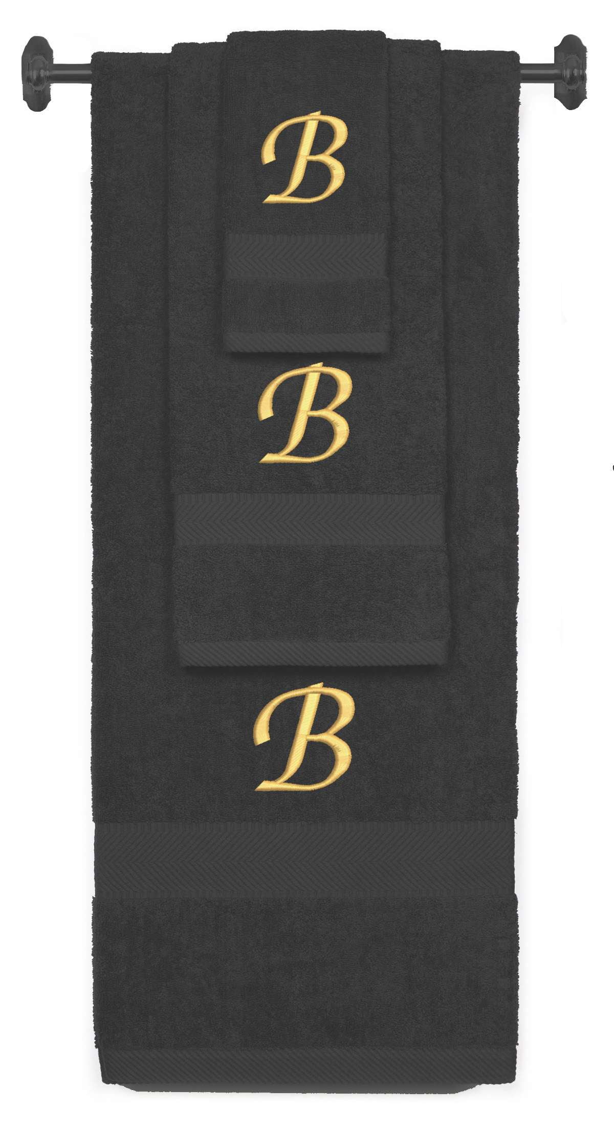 Custom Embroidered Terry Cotton Ring Spun Bath Towel, Hand Towel And Washcloth Set - Charcoal Towel Set, Gold Chancery Initial B