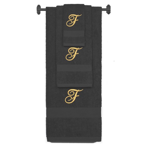 Custom Embroidered Terry Cotton Ring Spun Bath Towel, Hand Towel And Washcloth Set - Charcoal Towel Set, Gold Fancy Script Initial F