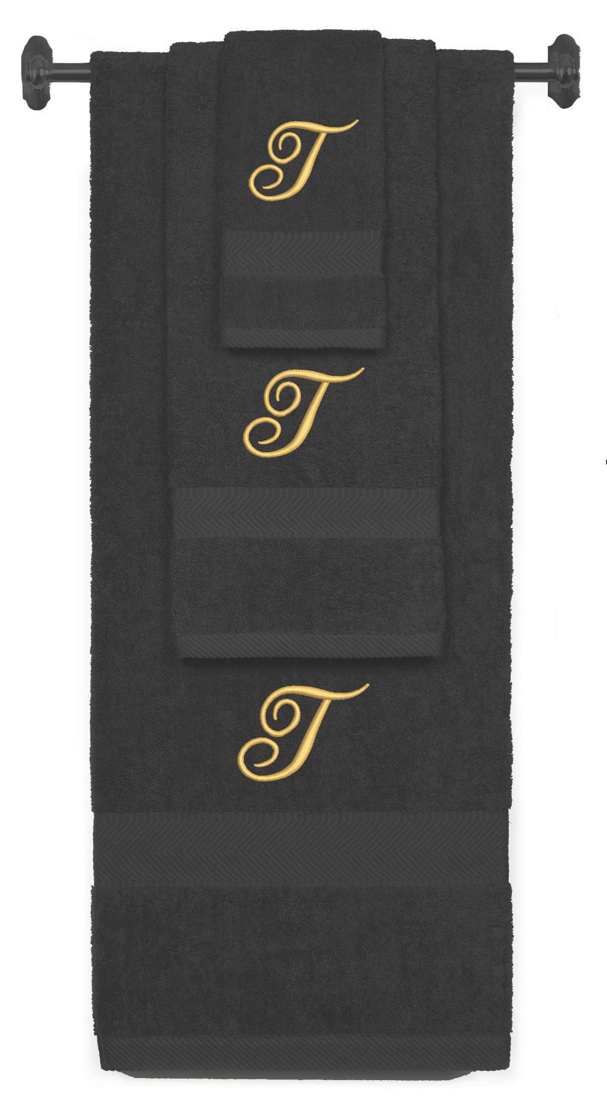 Custom Embroidered Terry Cotton Ring Spun Bath Towel, Hand Towel And Washcloth Set - Charcoal Towel Set, Gold Fancy Script Initial T