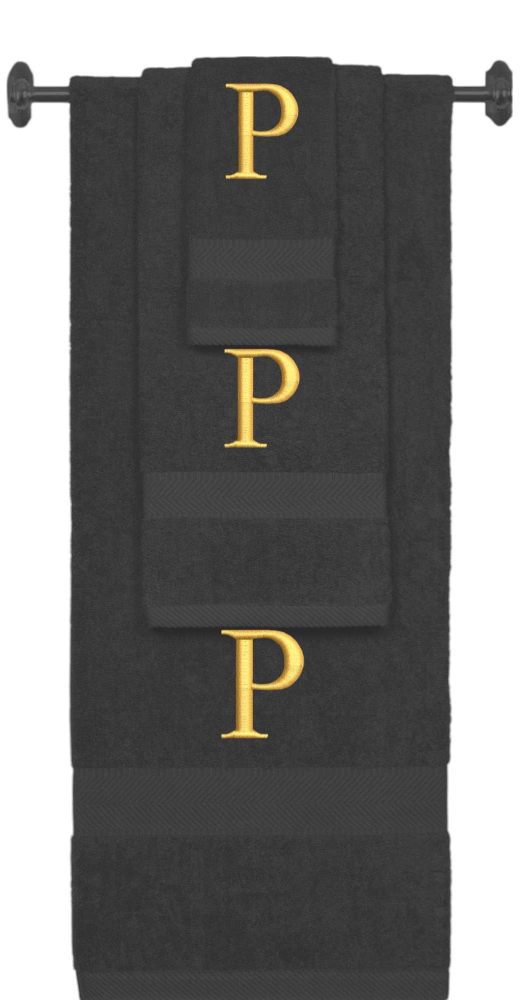 Custom Embroidered Terry Cotton Ring Spun Bath Towel, Hand Towel And Washcloth Set - Charcoal Towel Set, Gold Times New Roman Initial P