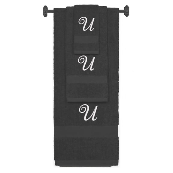 Custom Embroidered Terry Cotton Ring Spun Bath Towel, Hand Towel And Washcloth Set - Charcoal Towel Set, White Fancy Script Initial U