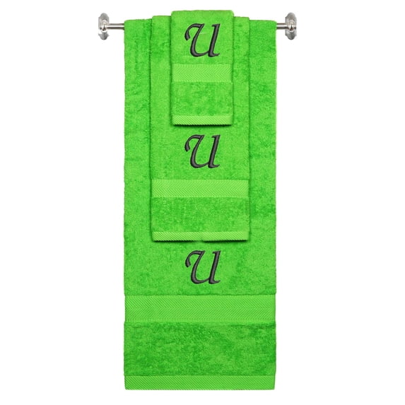 Custom Embroidered Terry Cotton Ring Spun Bath Towel, Hand Towel And Washcloth Set - Lime Green Towel Set, Black Chancery Initial U