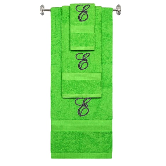 Personalized Embroidered Terry Cotton Ring Spun Bath Towel, Hand Towel And Washcloth Set - Lime Green Towel Set, Black Fancy Script Initial E