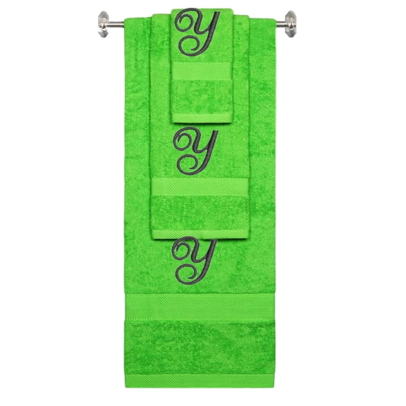 Custom Embroidered Terry Cotton Ring Spun Bath Towel, Hand Towel And Washcloth Set - Lime Green Towel Set, Black Fancy Script Initial Y