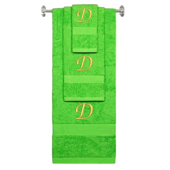 Custom Embroidered Terry Cotton Ring Spun Bath Towel, Hand Towel And Washcloth Set - Lime Green Towel Set, Gold Chancery Initial D