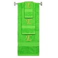 thumbnail image 1 of Custom Embroidered Terry Cotton Ring Spun Bath Towel, Hand Towel And Washcloth Set - Lime Green Towel Set, Gold Chancery Initial E, 1 of 4