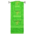 thumbnail image 1 of Custom Embroidered Terry Cotton Ring Spun Bath Towel, Hand Towel And Washcloth Set - Lime Green Towel Set, Gold Chancery Initial P, 1 of 3