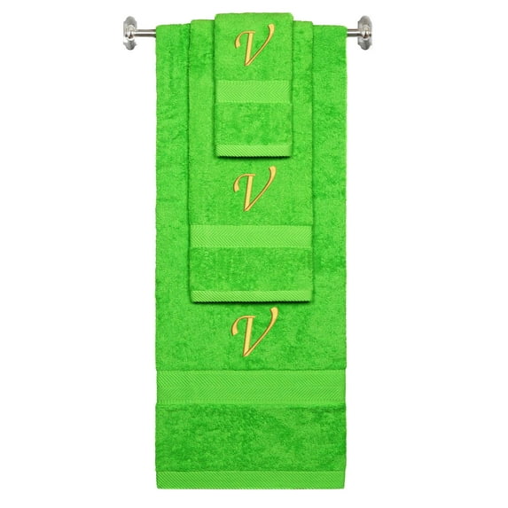 Custom Embroidered Terry Cotton Ring Spun Bath Towel, Hand Towel And Washcloth Set - Lime Green Towel Set, Gold Chancery Initial V