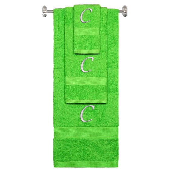 Custom Embroidered Terry Cotton Ring Spun Bath Towel, Hand Towel And Washcloth Set - Lime Green Towel Set, Silver Chancery Initial C