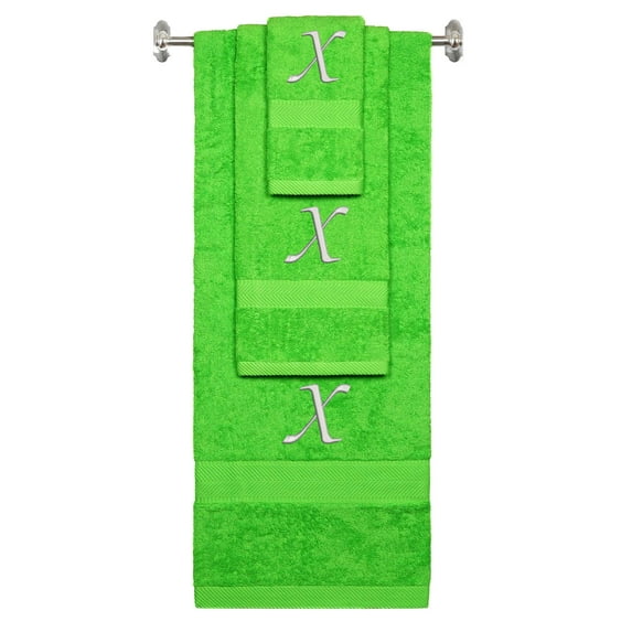 Custom Embroidered Terry Cotton Ring Spun Bath Towel, Hand Towel And Washcloth Set - Lime Green Towel Set, Silver Chancery Initial X