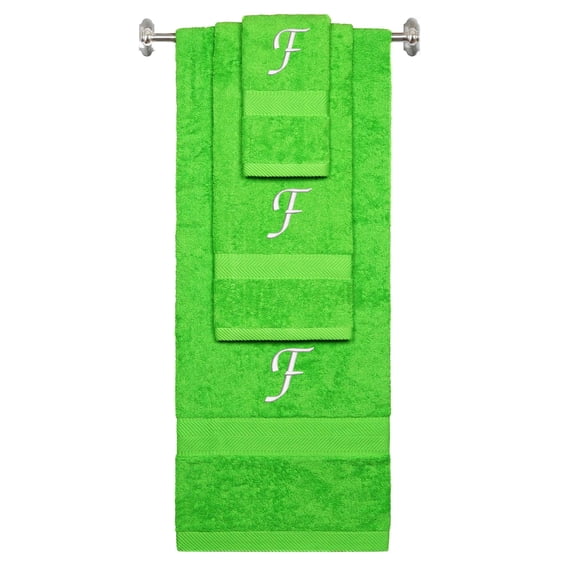 Custom Embroidered Terry Cotton Ring Spun Bath Towel, Hand Towel And Washcloth Set - Lime Green Towel Set, White Chancery Initial F