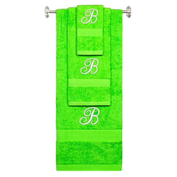 Custom Embroidered Terry Cotton Ring Spun Bath Towel, Hand Towel And Washcloth Set - Lime Green Towel Set, White Fancy Script Initial B