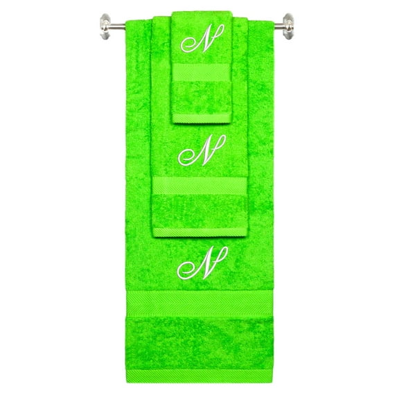 Custom Embroidered Terry Cotton Ring Spun Bath Towel, Hand Towel And Washcloth Set - Lime Green Towel Set, White Fancy Script Initial N