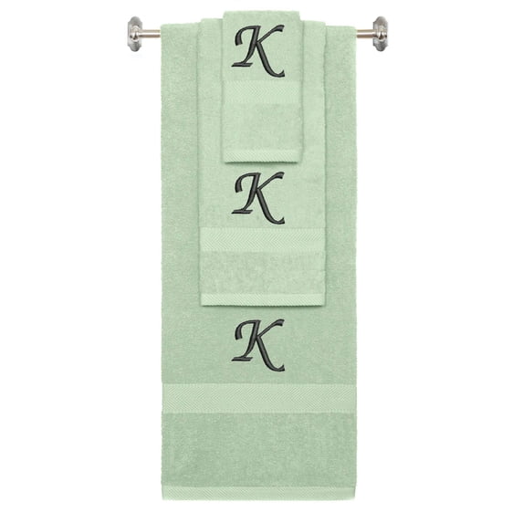 Custom Embroidered Terry Cotton Ring Spun Bath Towel, Hand Towel And Washcloth Set - Mint Green Towel Set, Black Chancery Initial K