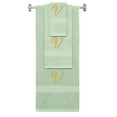 thumbnail image 1 of Custom Embroidered Terry Cotton Ring Spun Bath Towel, Hand Towel And Washcloth Set - Mint Green Towel Set, Gold Fancy Script Initial V, 1 of 1