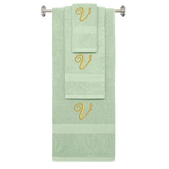 Custom Embroidered Terry Cotton Ring Spun Bath Towel, Hand Towel And Washcloth Set - Mint Green Towel Set, Gold Fancy Script Initial V