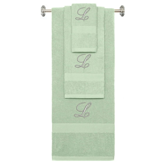 Custom Embroidered Terry Cotton Ring Spun Bath Towel, Hand Towel And Washcloth Set - Mint Green Towel Set, Silver Fancy Script Initial L