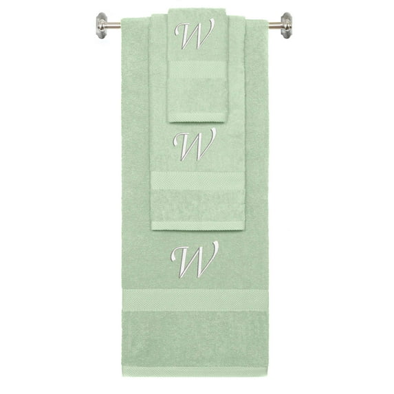 Custom Embroidered Terry Cotton Ring Spun Bath Towel, Hand Towel And Washcloth Set - Mint Green Towel Set, White Chancery Initial W