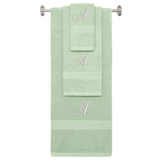 Custom Embroidered Terry Cotton Ring Spun Bath Towel, Hand Towel And Washcloth Set - Mint Green Towel Set, White Fancy Script Initial A
