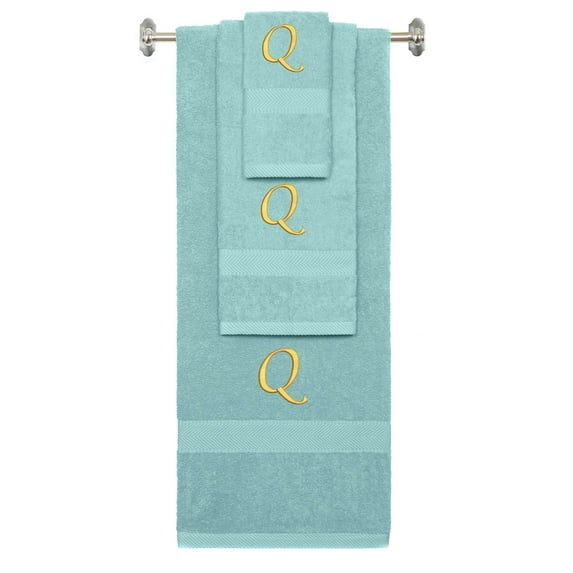 Custom Embroidered Terry Cotton Ring Spun Bath Towel, Hand Towel And Washcloth Set - Nautical Teal Towel Set, Gold Chancery Initial Q
