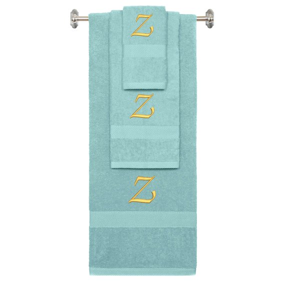 Custom Embroidered Terry Cotton Ring Spun Bath Towel, Hand Towel And Washcloth Set - Nautical Teal Towel Set, Gold Chancery Initial Y