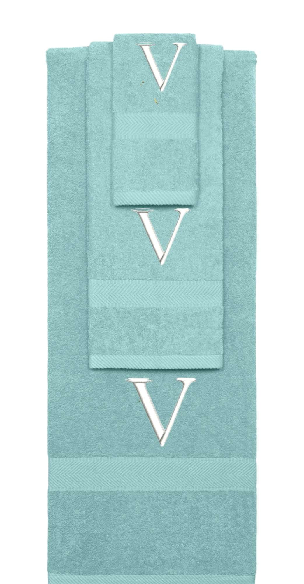 Custom Embroidered Terry Cotton Ring Spun Bath Towel, Hand Towel And Washcloth Set - Nautical Teal Towel Set, White Times New Roman Initial V