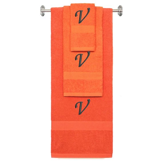 Custom Embroidered Terry Cotton Ring Spun Bath Towel, Hand Towel And Washcloth Set - Orange Towel Set, Black Chancery Initial V