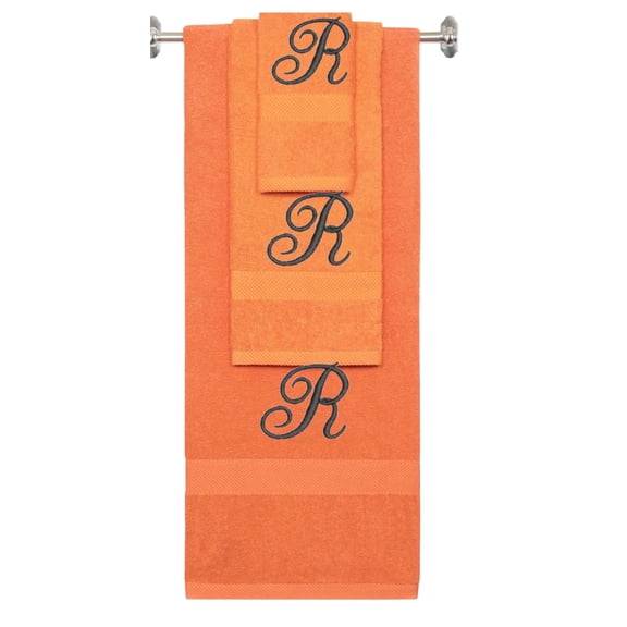Personalized Embroidered Terry Cotton Ring Spun Bath Towel, Hand Towel And Washcloth Set - Orange Towel Set, Black Fancy Script Initial R
