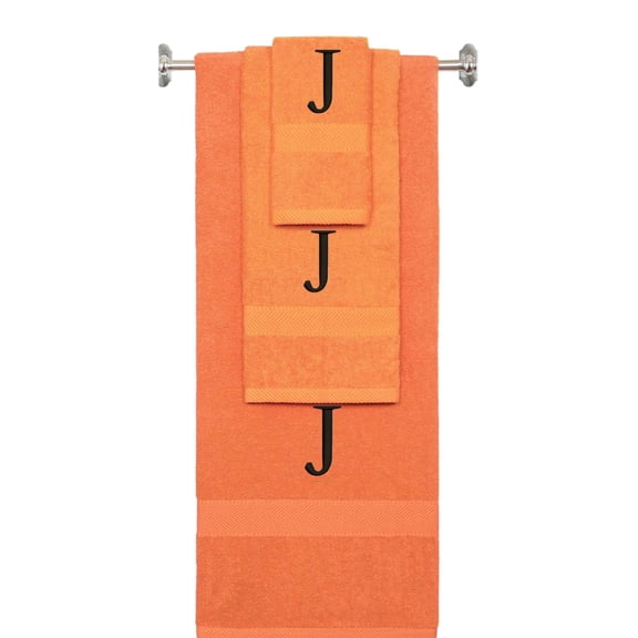 Custom Embroidered Terry Cotton Ring Spun Bath Towel, Hand Towel And Washcloth Set - Orange Towel Set, Black Times New Roman Initial J