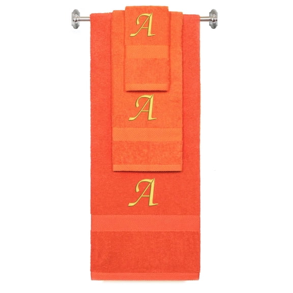 Custom Embroidered Terry Cotton Ring Spun Bath Towel, Hand Towel And Washcloth Set - Orange Towel Set, Gold Chancery Initial A