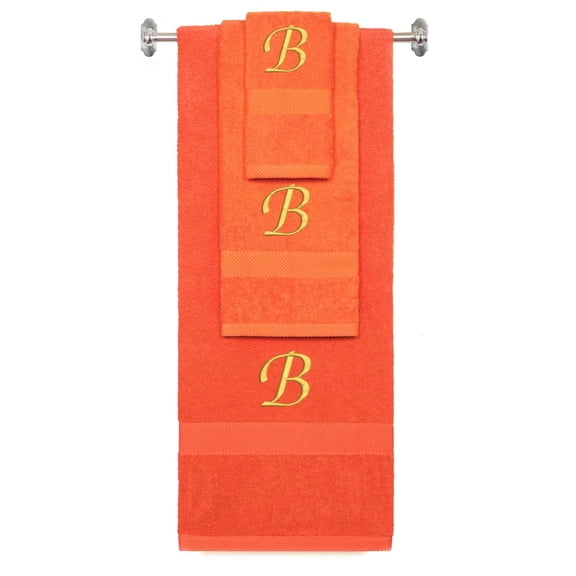 Custom Embroidered Terry Cotton Ring Spun Bath Towel, Hand Towel And Washcloth Set - Orange Towel Set, Gold Chancery Initial B