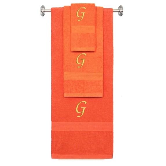 Custom Embroidered Terry Cotton Ring Spun Bath Towel, Hand Towel And Washcloth Set - Orange Towel Set, Gold Chancery Initial G