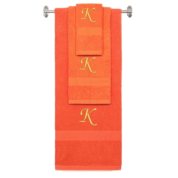 Custom Embroidered Terry Cotton Ring Spun Bath Towel, Hand Towel And Washcloth Set - Orange Towel Set, Gold Chancery Initial K