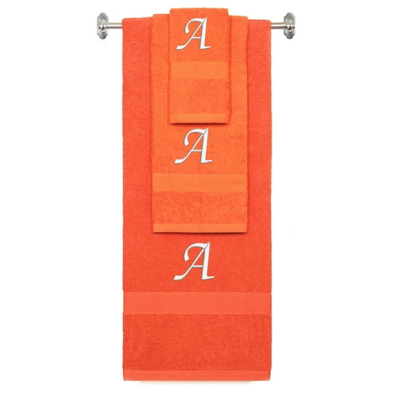 Custom Embroidered Terry Cotton Ring Spun Bath Towel, Hand Towel And Washcloth Set - Orange Towel Set, White Chancery Initial A