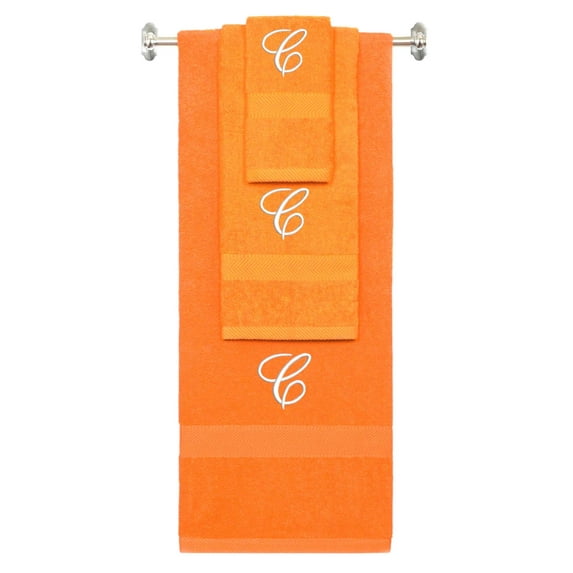Custom Embroidered Terry Cotton Ring Spun Bath Towel, Hand Towel And Washcloth Set - Orange Towel Set, White Fancy Script Initial C