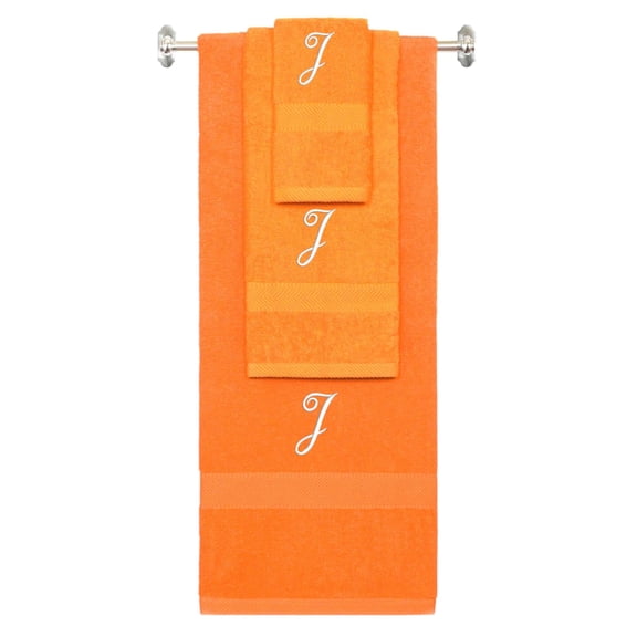 Custom Embroidered Terry Cotton Ring Spun Bath Towel, Hand Towel And Washcloth Set - Orange Towel Set, White Fancy Script Initial J