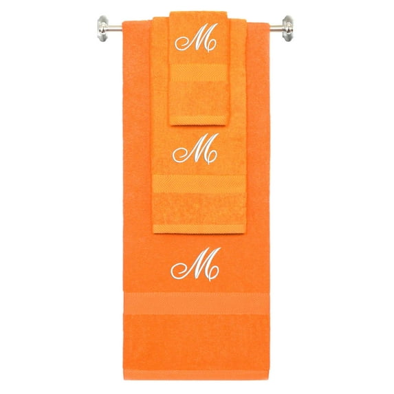 Custom Embroidered Terry Cotton Ring Spun Bath Towel, Hand Towel And Washcloth Set - Orange Towel Set, White Fancy Script Initial M