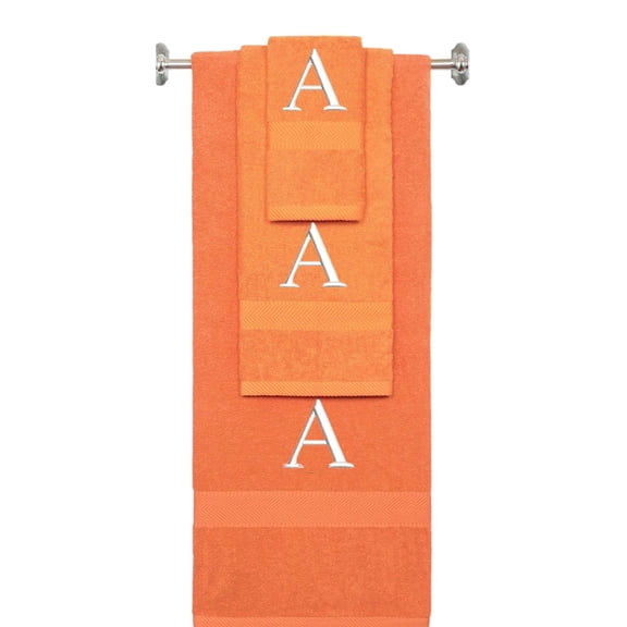 Custom Embroidered Terry Cotton Ring Spun Bath Towel, Hand Towel And Washcloth Set - Orange Towel Set, White Times New Roman Initial A