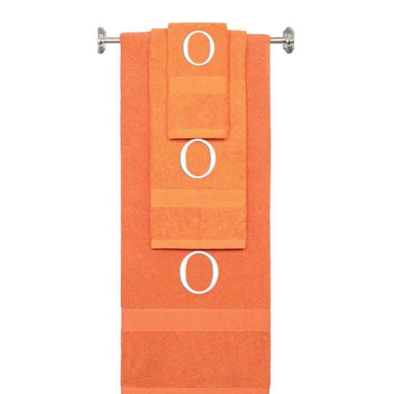 Custom Embroidered Terry Cotton Ring Spun Bath Towel, Hand Towel And Washcloth Set - Orange Towel Set, White Times New Roman Initial O