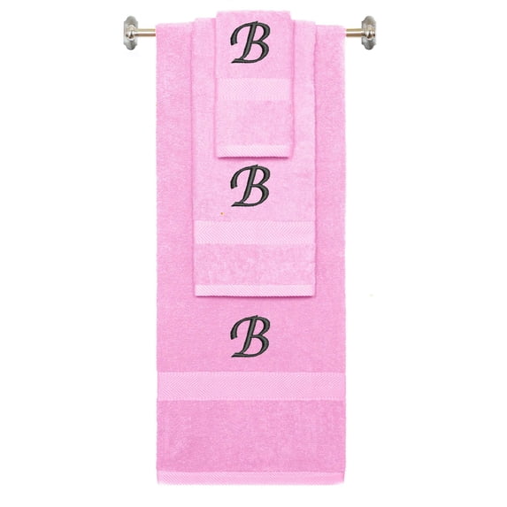 Custom Embroidered Terry Cotton Ring Spun Bath Towel, Hand Towel And Washcloth Set - Pink Towel Set, Black Chancery Initial B