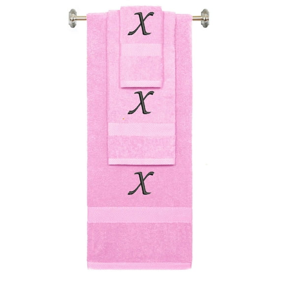 Custom Embroidered Terry Cotton Ring Spun Bath Towel, Hand Towel And Washcloth Set - Pink Towel Set, Black Chancery Initial X