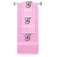 thumbnail image 1 of Custom Embroidered Terry Cotton Ring Spun Bath Towel, Hand Towel And Washcloth Set - Pink Towel Set, Black Fancy Script Initial G, 1 of 1