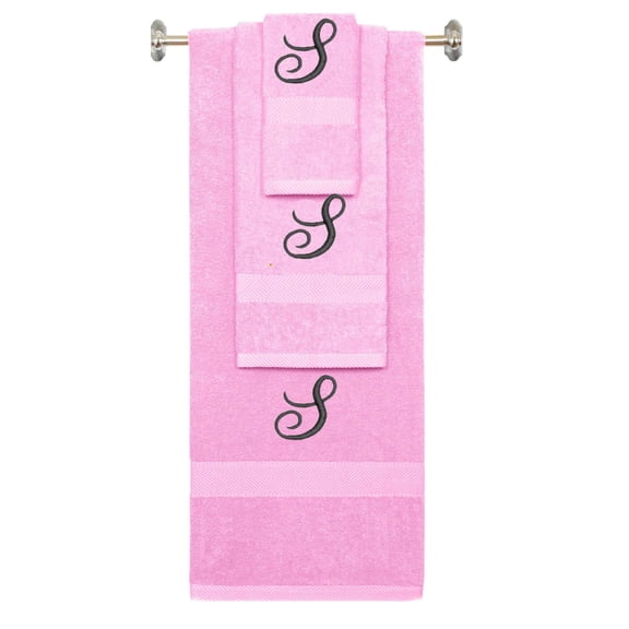 Personalized Embroidered Terry Cotton Ring Spun Bath Towel, Hand Towel And Washcloth Set - Pink Towel Set, Black Fancy Script Initial S