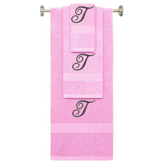 Custom Embroidered Terry Cotton Ring Spun Bath Towel, Hand Towel And Washcloth Set - Pink Towel Set, Black Fancy Script Initial T